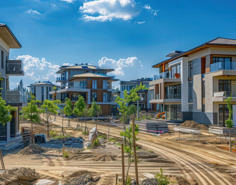 Modern residential neighborhood under construction, urban development, future living spaces